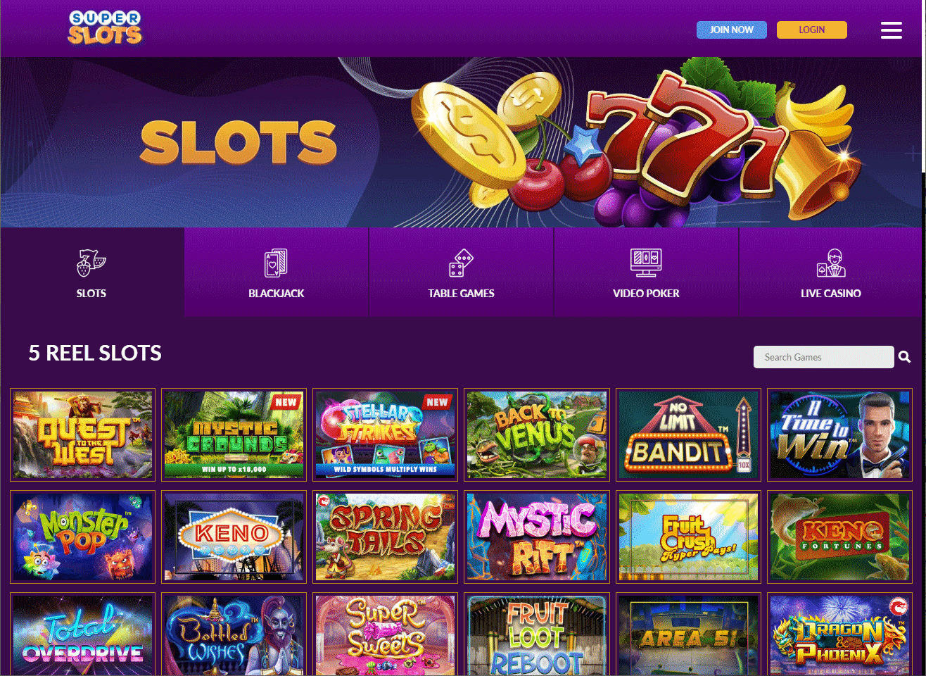 image of super slots ag home page